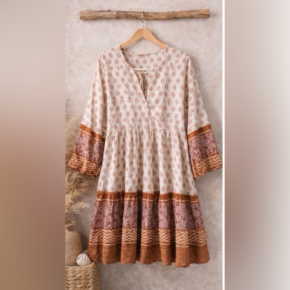 Boho Cream , Rust Printed Tiered Mini Dress Beachy Flowy , hippie summer Beach - Picture 4 of 12